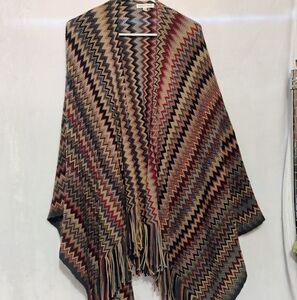 Woven Heart Chevron Knit Fringe Cape Open Front Wrap Burgundy Tan Small Medium V